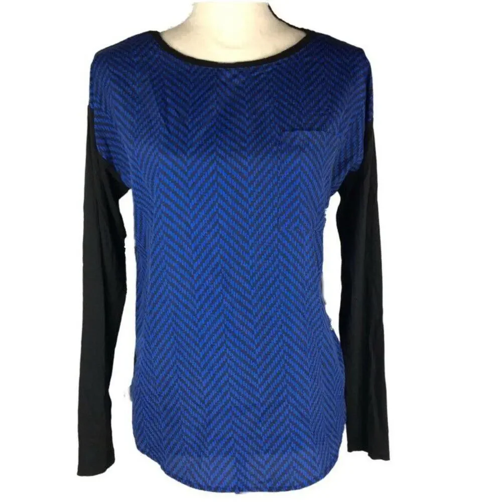 Michael Kors Tunic Blouse Long Sleeve Womens sz Sm Hi Low Colorblock Navy Blue